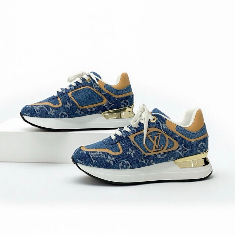 ルイヴィトン LOUIS VUITTON ネオランアウェイライン スニーカー 靴 シューズ デニム レザー ブルー ブラウン ホワイト ゴールド モノグラム インヒール 未使用