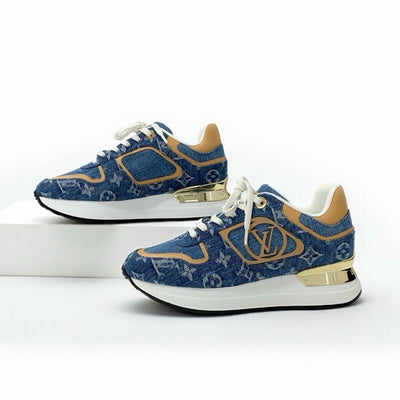 ルイヴィトン LOUIS VUITTON ネオランアウェイライン スニーカー 靴 シューズ デニム レザー ブルー ブラウン ホワイト ゴールド モノグラム インヒール 未使用