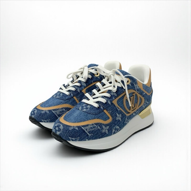 ルイヴィトン LOUIS VUITTON ネオランアウェイライン スニーカー 靴 シューズ デニム レザー ブルー ブラウン ホワイト ゴールド モノグラム インヒール 未使用