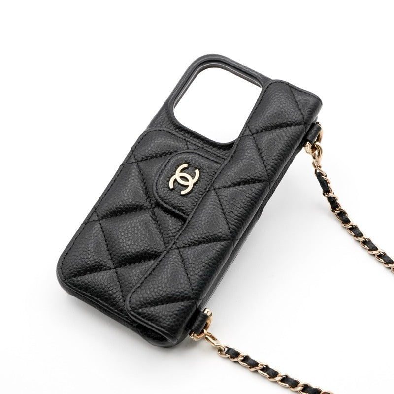 シャネル CHANEL 携帯・スマホアクセサリー ブラック ゴールド ココマーク マトラッセ キャビアスキン iPhone15proケース チェーン