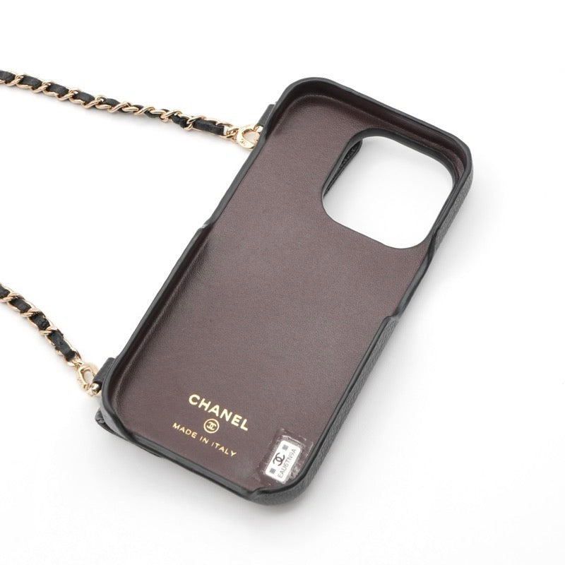 シャネル CHANEL 携帯・スマホアクセサリー ブラック ゴールド ココマーク マトラッセ キャビアスキン iPhone15proケース チェーン