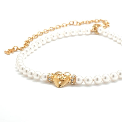 シャネル CHANEL ネックレス ペンダント チョーカー ホワイト ゴールド ハート ココマーク ラインストーン