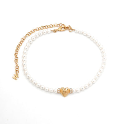 シャネル CHANEL ネックレス ペンダント チョーカー ホワイト ゴールド ハート ココマーク ラインストーン