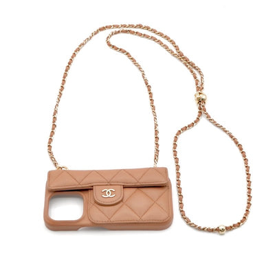 シャネル CHANEL 携帯・スマホアクセサリー ベージュ ゴールド ココマーク マトラッセ キャビアスキン iPhone14pro iPhoneケース チェーン