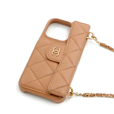 シャネル CHANEL 携帯・スマホアクセサリー ベージュ ゴールド ココマーク マトラッセ キャビアスキン iPhone14pro iPhoneケース チェーン