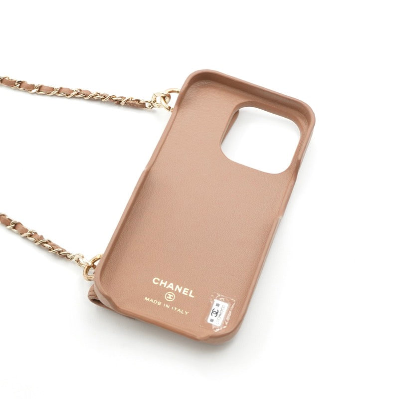 シャネル CHANEL 携帯・スマホアクセサリー ベージュ ゴールド ココマーク マトラッセ キャビアスキン iPhone14pro iPhoneケース チェーン