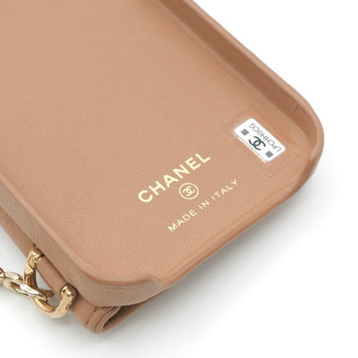 シャネル CHANEL 携帯・スマホアクセサリー ベージュ ゴールド ココマーク マトラッセ キャビアスキン iPhone14pro iPhoneケース チェーン