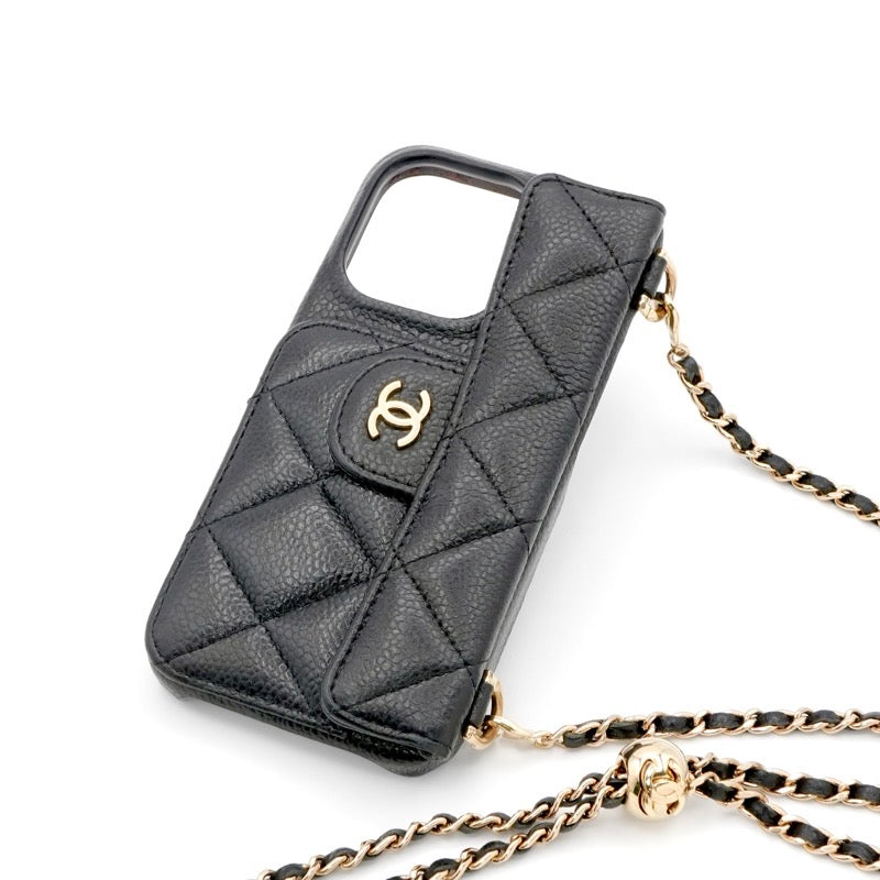 シャネル CHANEL 携帯・スマホアクセサリー ブラック ゴールド ココマーク マトラッセ キャビアスキン iPhone14pro iPhoneケース チェーン