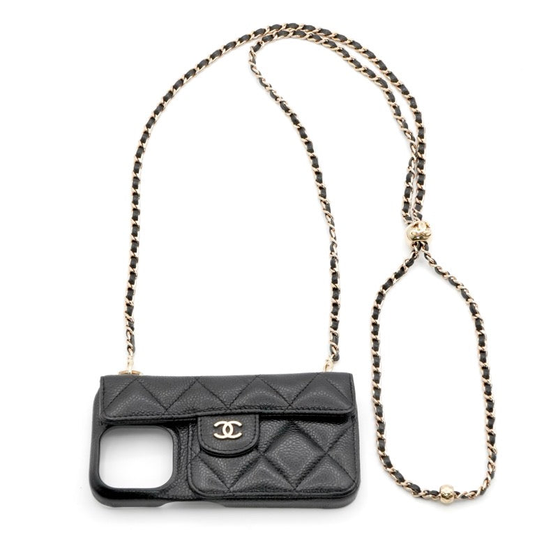 シャネル CHANEL 携帯・スマホアクセサリー ブラック ゴールド ココマーク マトラッセ キャビアスキン iPhone14pro iPhoneケース チェーン