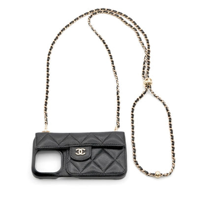 シャネル CHANEL 携帯・スマホアクセサリー ブラック ゴールド ココマーク マトラッセ キャビアスキン iPhone14pro iPhoneケース チェーン