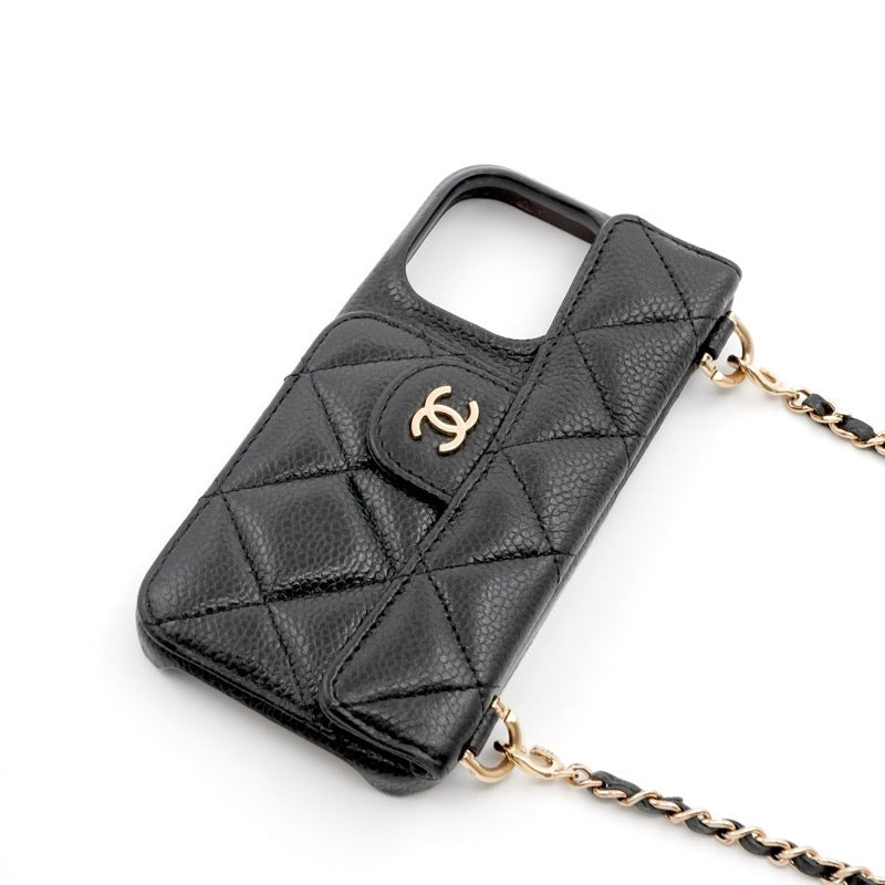 シャネル CHANEL 携帯・スマホアクセサリー ブラック ゴールド ココマーク マトラッセ キャビアスキン iPhone14pro iPhoneケース チェーン