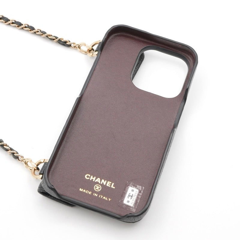 シャネル CHANEL 携帯・スマホアクセサリー ブラック ゴールド ココマーク マトラッセ キャビアスキン iPhone14pro iPhoneケース チェーン