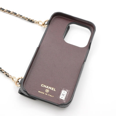 シャネル CHANEL 携帯・スマホアクセサリー ブラック ゴールド ココマーク マトラッセ キャビアスキン iPhone14pro iPhoneケース チェーン