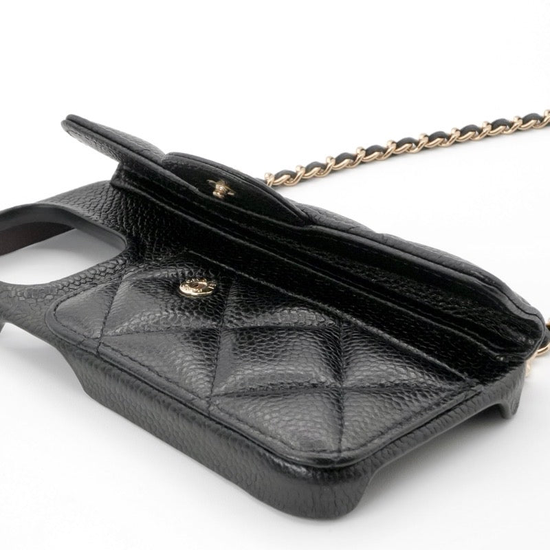 シャネル CHANEL 携帯・スマホアクセサリー ブラック ゴールド ココマーク マトラッセ キャビアスキン iPhone14pro iPhoneケース チェーン