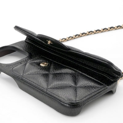 シャネル CHANEL 携帯・スマホアクセサリー ブラック ゴールド ココマーク マトラッセ キャビアスキン iPhone14pro iPhoneケース チェーン