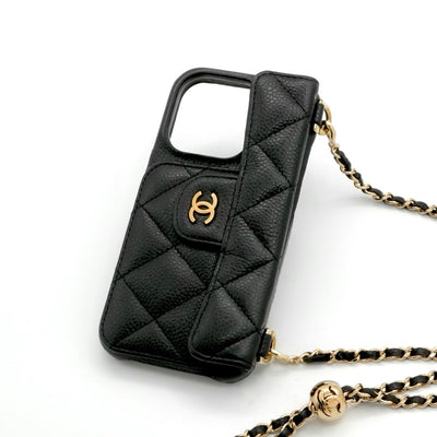 シャネル CHANEL 携帯・スマホアクセサリー ブラック ゴールド ココマーク マトラッセ iPhone14pro iPhoneケース チェーン