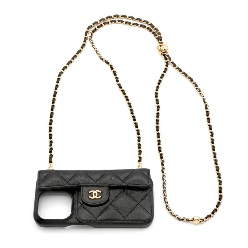 シャネル CHANEL 携帯・スマホアクセサリー ブラック ゴールド ココマーク マトラッセ iPhone14pro iPhoneケース チェーン