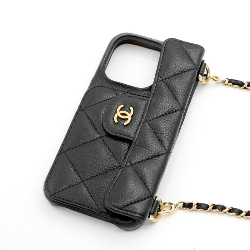 シャネル CHANEL 携帯・スマホアクセサリー ブラック ゴールド ココマーク マトラッセ iPhone14pro iPhoneケース チェーン