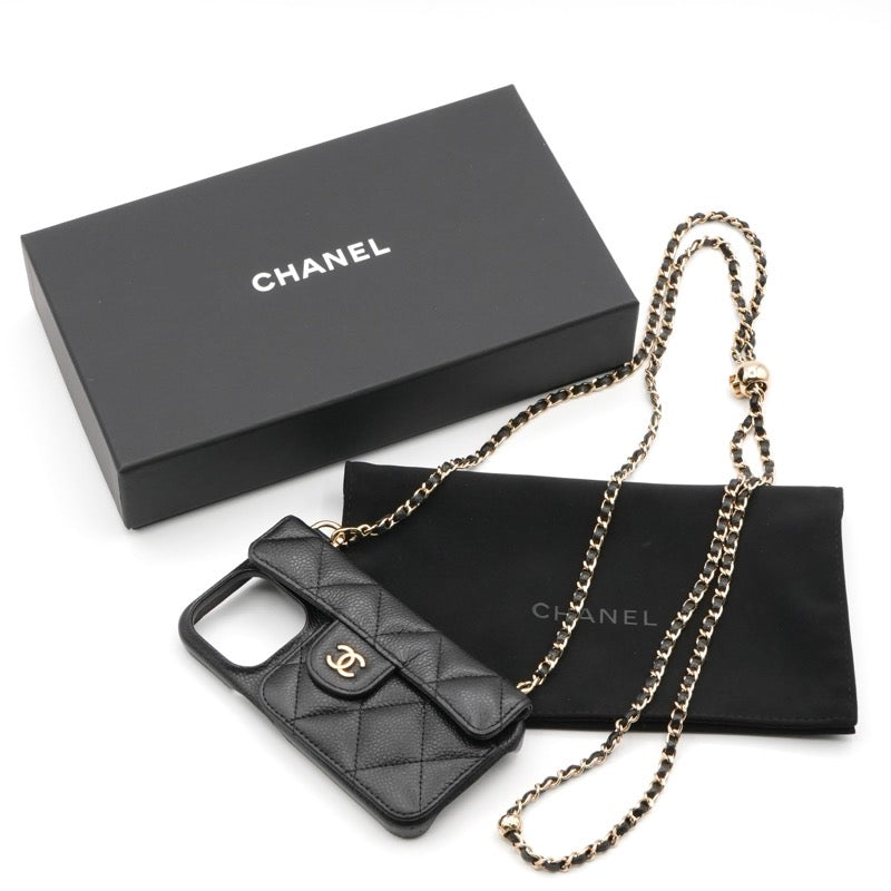 シャネル CHANEL 携帯・スマホアクセサリー ブラック ゴールド ココマーク マトラッセ iPhone14pro iPhoneケース チェーン