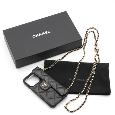 シャネル CHANEL 携帯・スマホアクセサリー ブラック ゴールド ココマーク マトラッセ iPhone14pro iPhoneケース チェーン