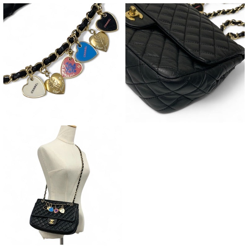 シャネル CHANEL バッグ ショルダーバッグ ブラック ゴールド ココマーク マトラッセ シングルフラップ ダブルチェーン ハート チャーム