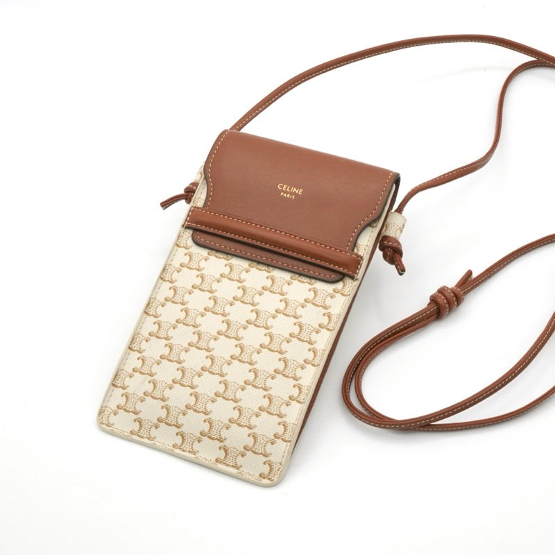 セリーヌ CELINE 携帯・スマホアクセサリー レザー ホワイト ブラウン トリオンフ ロゴ フォンケース モバイルポーチ ポシェット