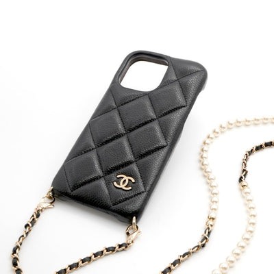 シャネル CHANEL 携帯・スマホアクセサリー ブラック ゴールド ココマーク マトラッセ iPhone15proMAX iPhoneケース チェーン パール