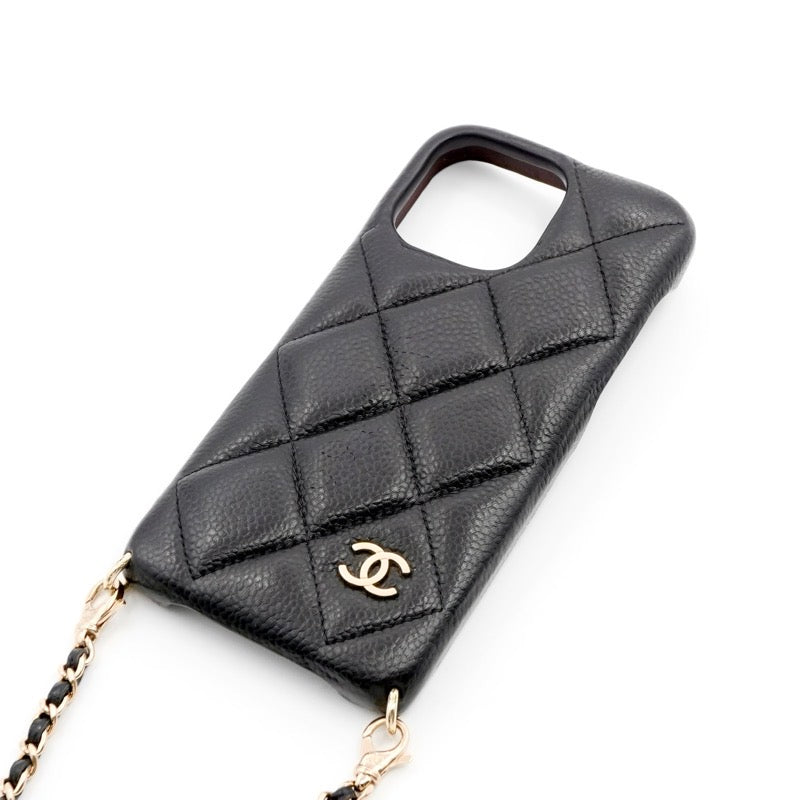 シャネル CHANEL 携帯・スマホアクセサリー ブラック ゴールド ココマーク マトラッセ iPhone15proMAX iPhoneケース チェーン パール