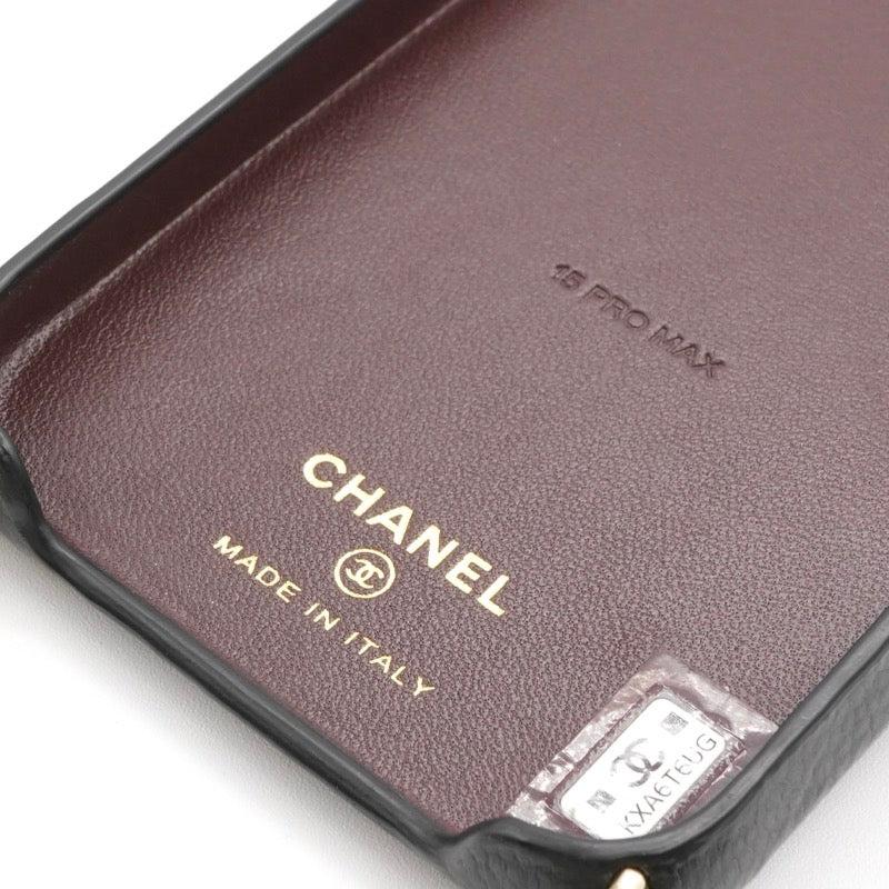 シャネル CHANEL 携帯・スマホアクセサリー ブラック ゴールド ココマーク マトラッセ iPhone15proMAX iPhoneケース チェーン パール