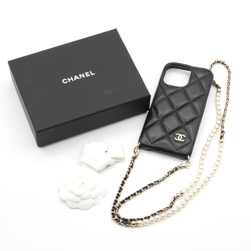 シャネル CHANEL 携帯・スマホアクセサリー ブラック ゴールド ココマーク マトラッセ iPhone15proMAX iPhoneケース チェーン パール