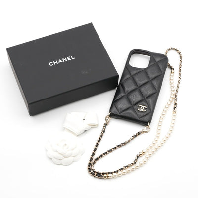 シャネル CHANEL 携帯・スマホアクセサリー ブラック ゴールド ココマーク マトラッセ iPhone15proMAX iPhoneケース チェーン パール