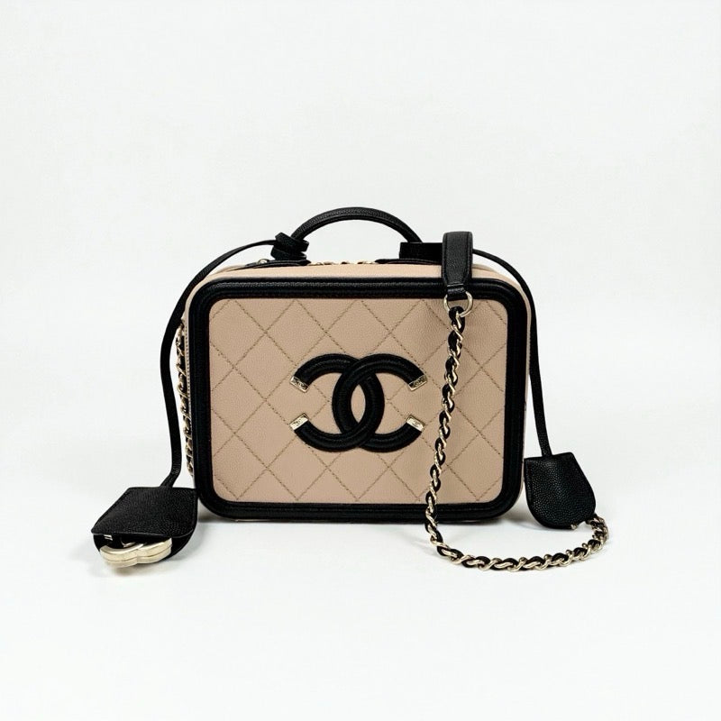 シャネル CHANEL バッグ ショルダーバッグ キャビアスキン ベージュ ブラック ゴールド ココマーク CCフィリグリー バニティ 2way チェーン