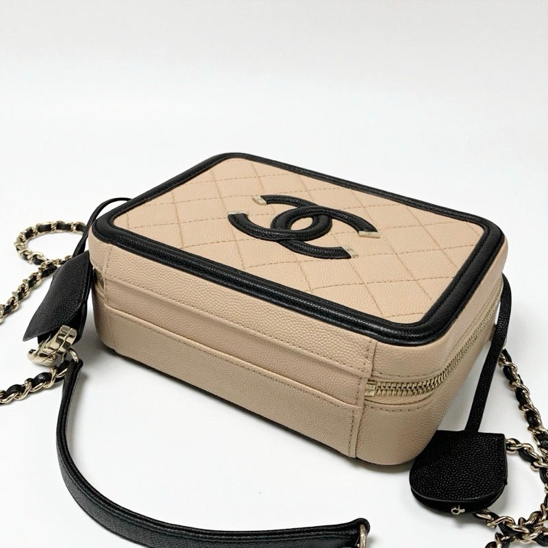 シャネル CHANEL バッグ ショルダーバッグ キャビアスキン ベージュ ブラック ゴールド ココマーク CCフィリグリー バニティ 2way チェーン