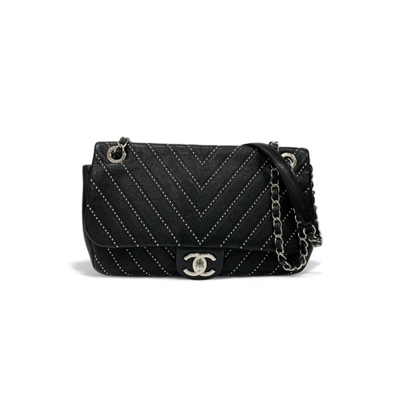 シャネル CHANEL バッグ ショルダーバッグ ブラック シルバー ターンロック ココマーク シングルフラップ ダブルチェーン スタッズ