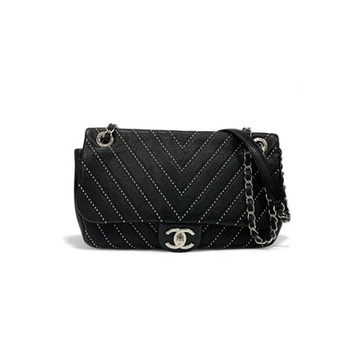 シャネル CHANEL バッグ ショルダーバッグ ブラック シルバー ターンロック ココマーク シングルフラップ ダブルチェーン スタッズ