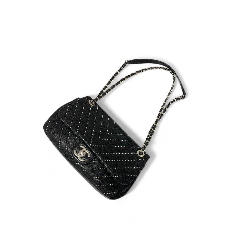 シャネル CHANEL バッグ ショルダーバッグ ブラック シルバー ターンロック ココマーク シングルフラップ ダブルチェーン スタッズ