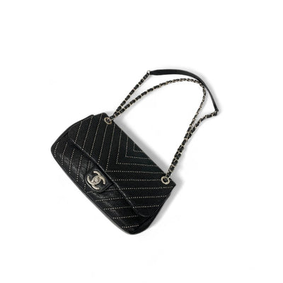 シャネル CHANEL バッグ ショルダーバッグ ブラック シルバー ターンロック ココマーク シングルフラップ ダブルチェーン スタッズ