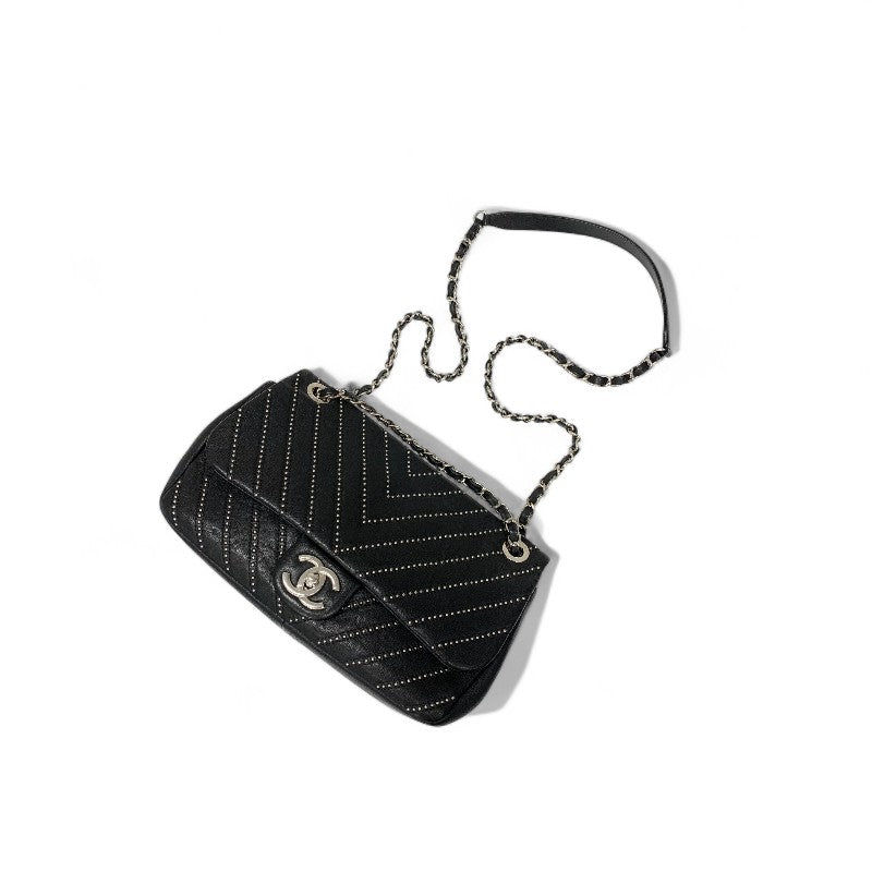 シャネル CHANEL バッグ ショルダーバッグ ブラック シルバー ターンロック ココマーク シングルフラップ ダブルチェーン スタッズ