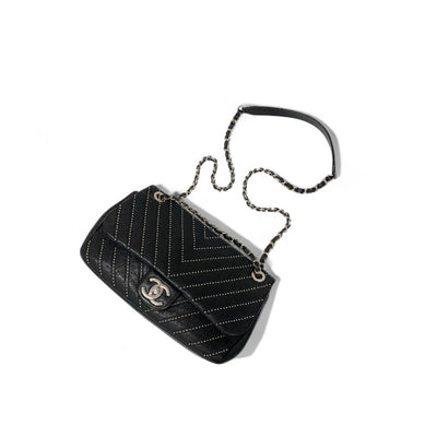 シャネル CHANEL バッグ ショルダーバッグ ブラック シルバー ターンロック ココマーク シングルフラップ ダブルチェーン スタッズ