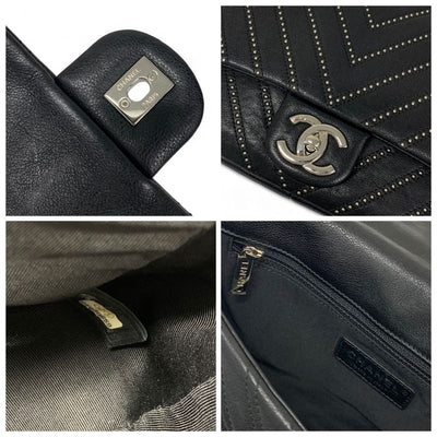 シャネル CHANEL バッグ ショルダーバッグ ブラック シルバー ターンロック ココマーク シングルフラップ ダブルチェーン スタッズ