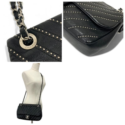 シャネル CHANEL バッグ ショルダーバッグ ブラック シルバー ターンロック ココマーク シングルフラップ ダブルチェーン スタッズ
