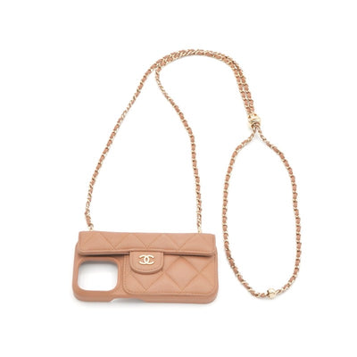 シャネル CHANEL 携帯・スマホアクセサリー ベージュ ゴールド ココマーク マトラッセ キャビアスキン iPhone15pro iPhoneケース チェーン