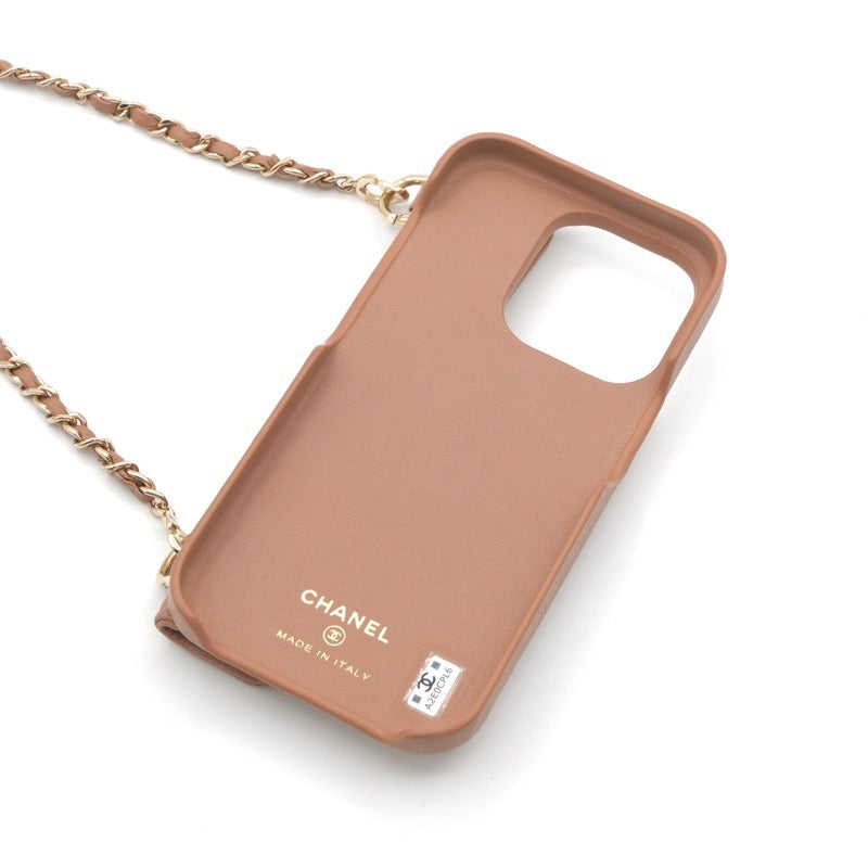 シャネル CHANEL 携帯・スマホアクセサリー ベージュ ゴールド ココマーク マトラッセ キャビアスキン iPhone15pro iPhoneケース チェーン