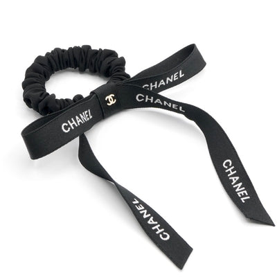シャネル CHANEL ヘアアクセサリー シルク ブラック ホワイト ココマーク ロゴ リボン シュシュ ヘアゴム