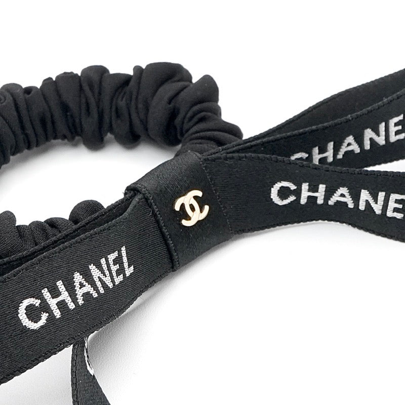 シャネル CHANEL ヘアアクセサリー シルク ブラック ホワイト ココマーク ロゴ リボン シュシュ ヘアゴム