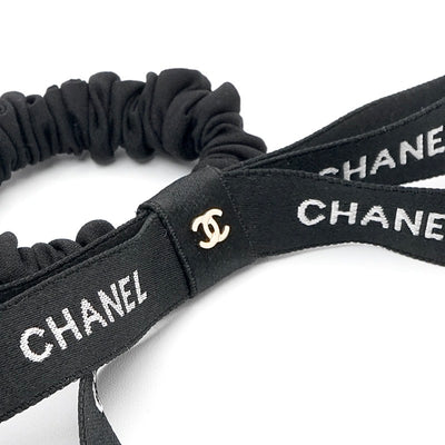 シャネル CHANEL ヘアアクセサリー シルク ブラック ホワイト ココマーク ロゴ リボン シュシュ ヘアゴム