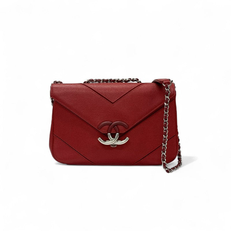 シャネル CHANEL バッグ ショルダーバッグ レッド シルバー Vステッチ ココマーク ダブルチェーン