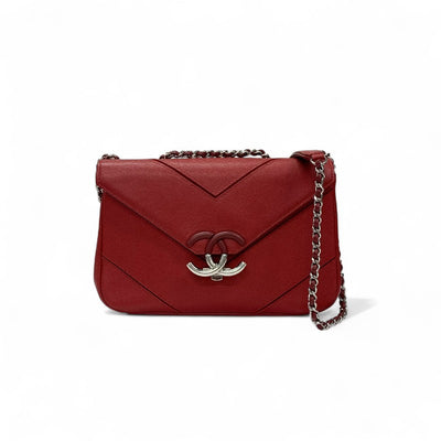 シャネル CHANEL バッグ ショルダーバッグ レッド シルバー Vステッチ ココマーク ダブルチェーン