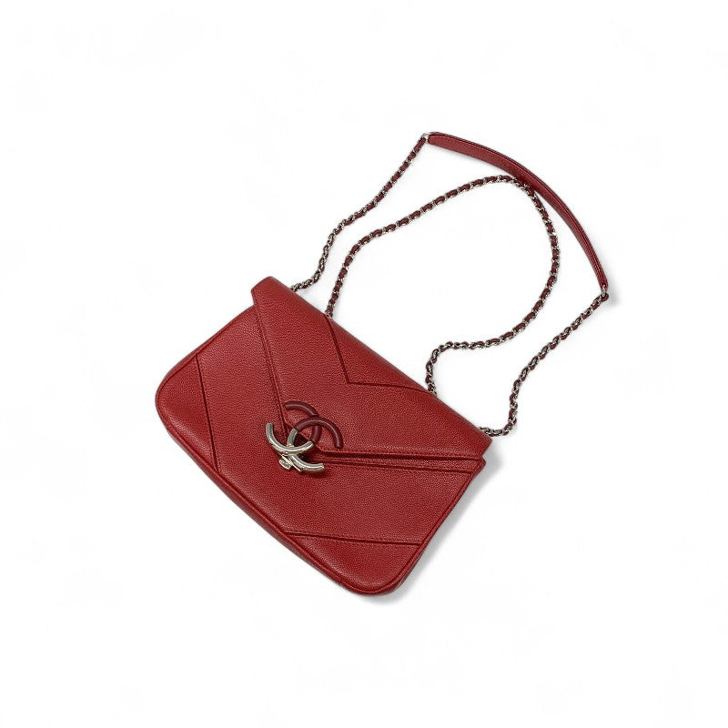 シャネル CHANEL バッグ ショルダーバッグ レッド シルバー Vステッチ ココマーク ダブルチェーン