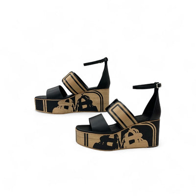 エルメス HERMES カリス サンダル 靴 シューズ レザー ブラック ブラウン 未使用 Brides de Gala Quadri Tattoo ウェッジソール ストラップ 厚底